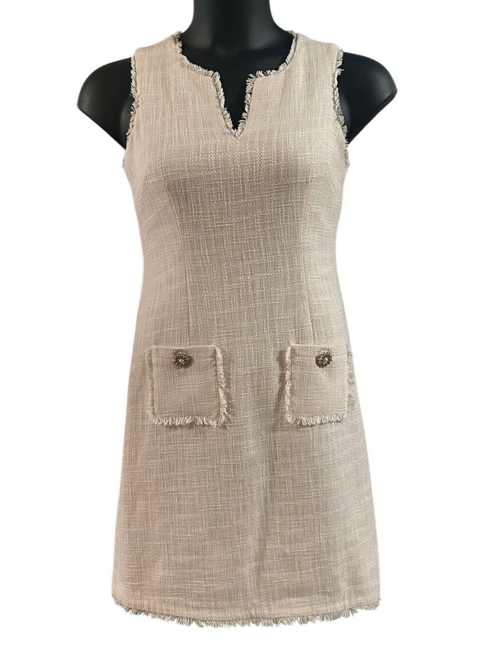 Karl Lagerfeld Women's Peach Blush Tweed V-Neck Sleeveless Shift Dress Size 4